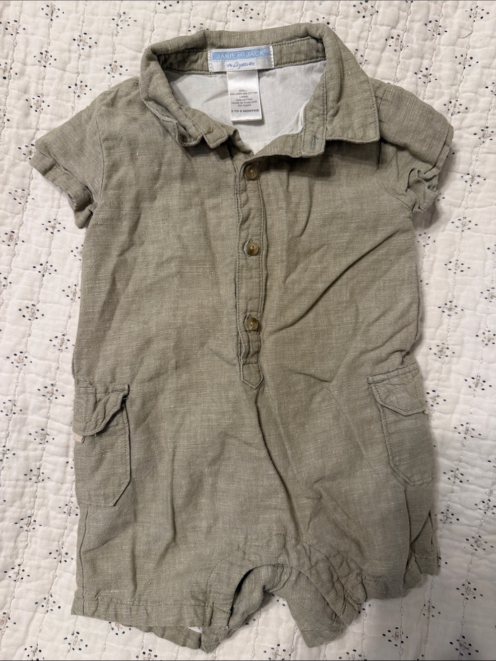 Janie and Jack Olive Green Linen Blend Short Sleeve One-Piece